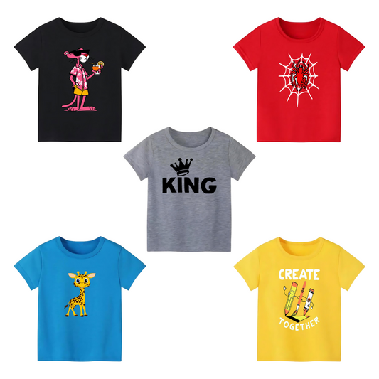 Pack of 5 Printed T-shirts - Premium Printed T-shirts for Teen Boys & Girls - 100% Cotton, High-Quality DTF Prints - Kids N Tees